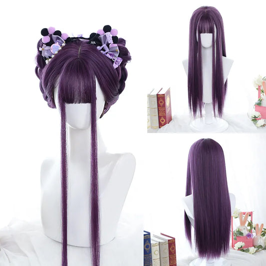 LANLAN Long Straight Purple Wig With Bangs Synthetic Hair Wigs Bang With Wig For Women Lolita Anime Cosplay Heat Resistant Wigs