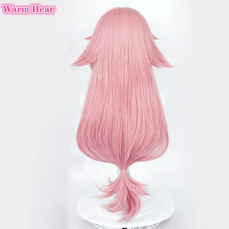 Simulated Scalp Yae Miko Cosplay Wig Genshin Impact Cosplay Yae Miko Wig Pink Heat Resistant Hair Party Woman Wigs + Wig Cap