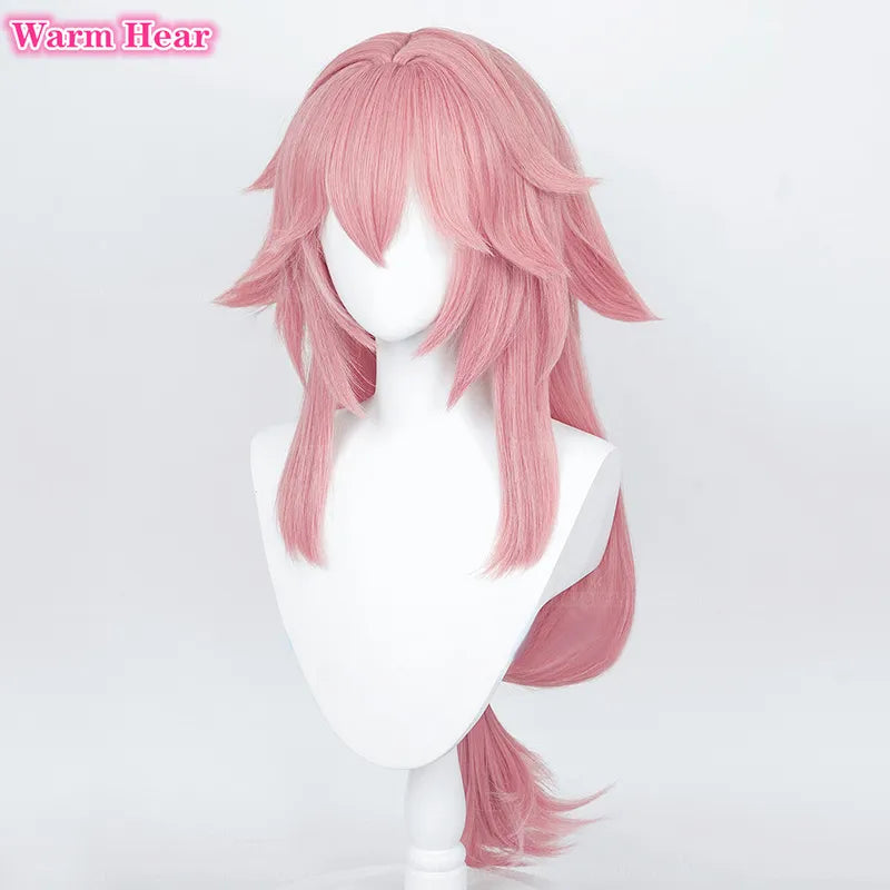 Simulated Scalp Yae Miko Cosplay Wig Genshin Impact Cosplay Yae Miko Wig Pink Heat Resistant Hair Party Woman Wigs + Wig Cap