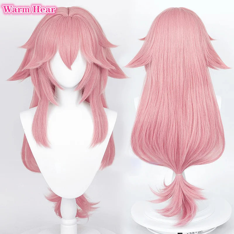 Simulated Scalp Yae Miko Cosplay Wig Genshin Impact Cosplay Yae Miko Wig Pink Heat Resistant Hair Party Woman Wigs + Wig Cap