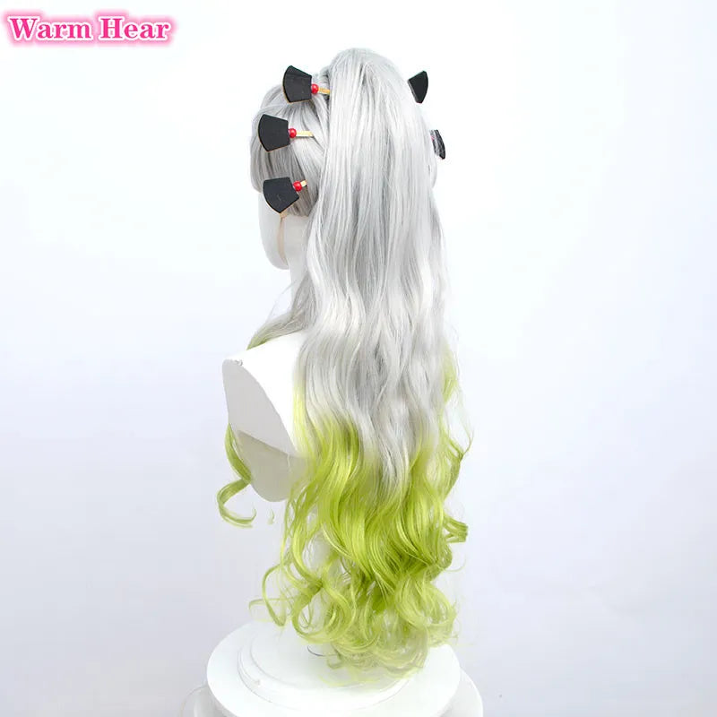 90cm Long Daki Cosplay Wig Silver Gradiented Green Curly With Headwear Heat Resistant Hair Wigs Halloween