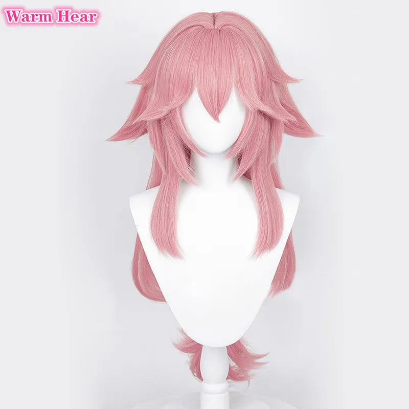 Simulated Scalp Yae Miko Cosplay Wig Genshin Impact Cosplay Yae Miko Wig Pink Heat Resistant Hair Party Woman Wigs + Wig Cap