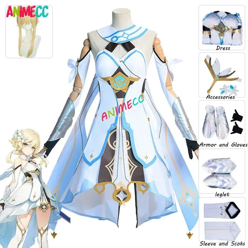 ANIMECC Game Genshin Impact Lumine Cosplay Costumes Wig Anime Halloween Party Clothes for Women Girls Cute Suit Full Sets