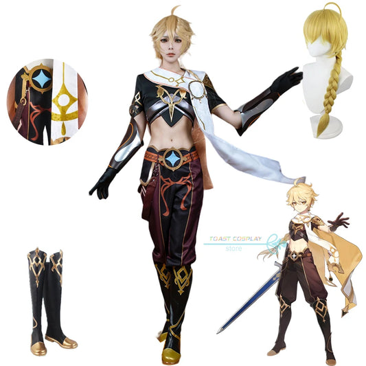 Genshinimpact Aether Game Cosplay Costume Sora Kong Cosplay Traveler Aether Halloween Party Outfit Clothes Wig Shoes Full Set