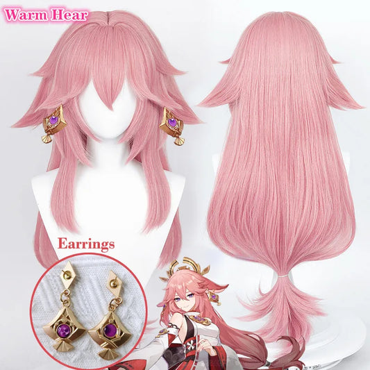 Simulated Scalp Yae Miko Cosplay Wig Genshin Impact Cosplay Yae Miko Wig Pink Heat Resistant Hair Party Woman Wigs + Wig Cap