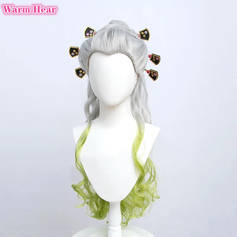 90cm Long Daki Cosplay Wig Silver Gradiented Green Curly With Headwear Heat Resistant Hair Wigs Halloween