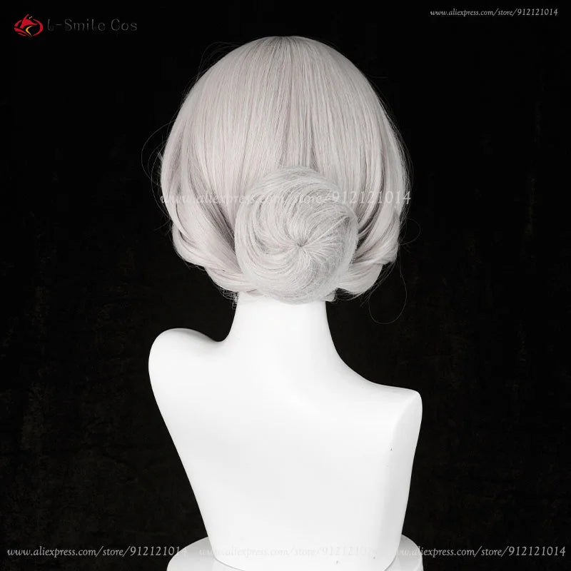 Game Identity V Bloody Queen Mary Cosplay Wig 43cm Grey With Bun Women Mary Cosplay Wigs Heat Resistant Synthetic Hair + Wig Cap