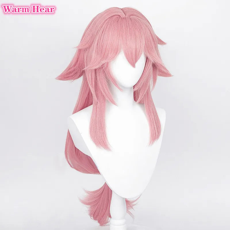 Simulated Scalp Yae Miko Cosplay Wig Genshin Impact Cosplay Yae Miko Wig Pink Heat Resistant Hair Party Woman Wigs + Wig Cap