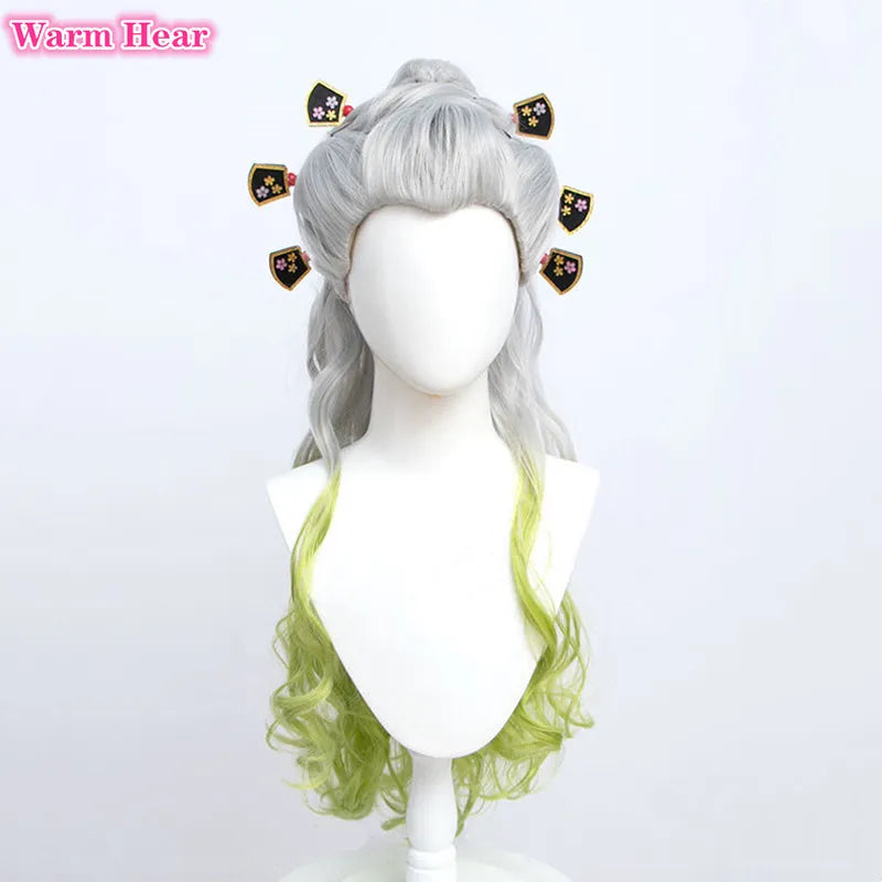 90cm Long Daki Cosplay Wig Silver Gradiented Green Curly With Headwear Heat Resistant Hair Wigs Halloween