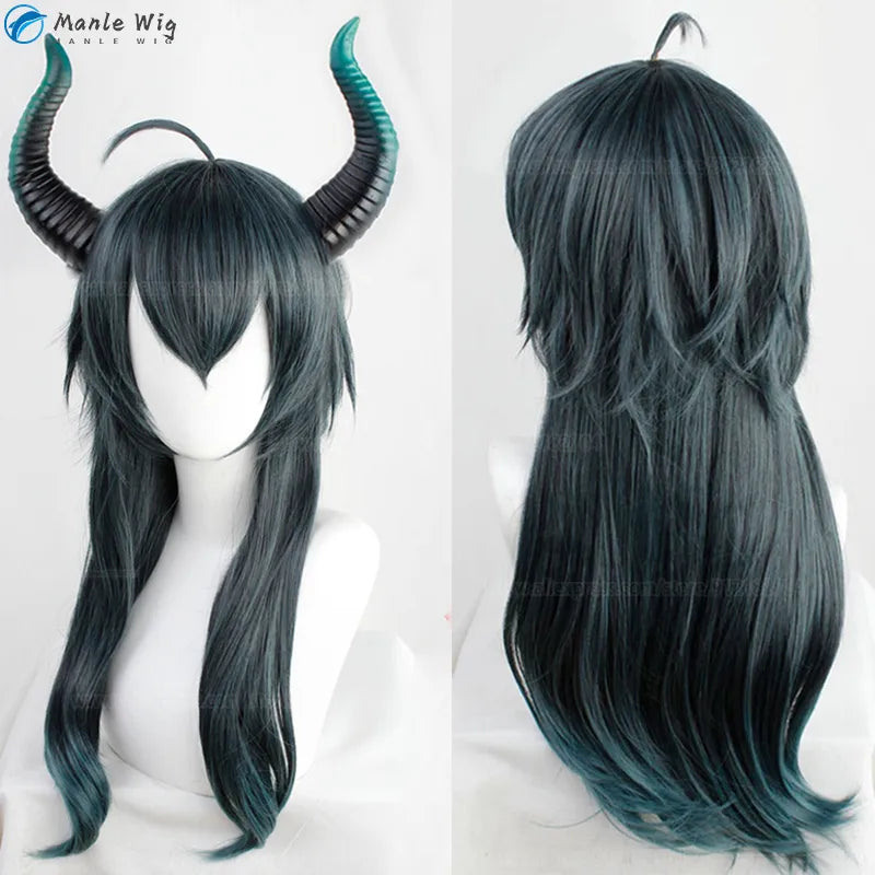 MALLEUS DRACQMA Cosplay Anime Twisted-Wonderland Wig 55cm Long Wig With Horn Heat Resistant Synthetic Hair Party Wigs + Wig Cap