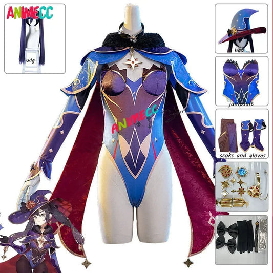 ANIMECC Mona Genshin Impact Cosplay Costume Wig Hat Anime Sexy Jumpsuit Halloween Carnival Party Outfits for Women Girls