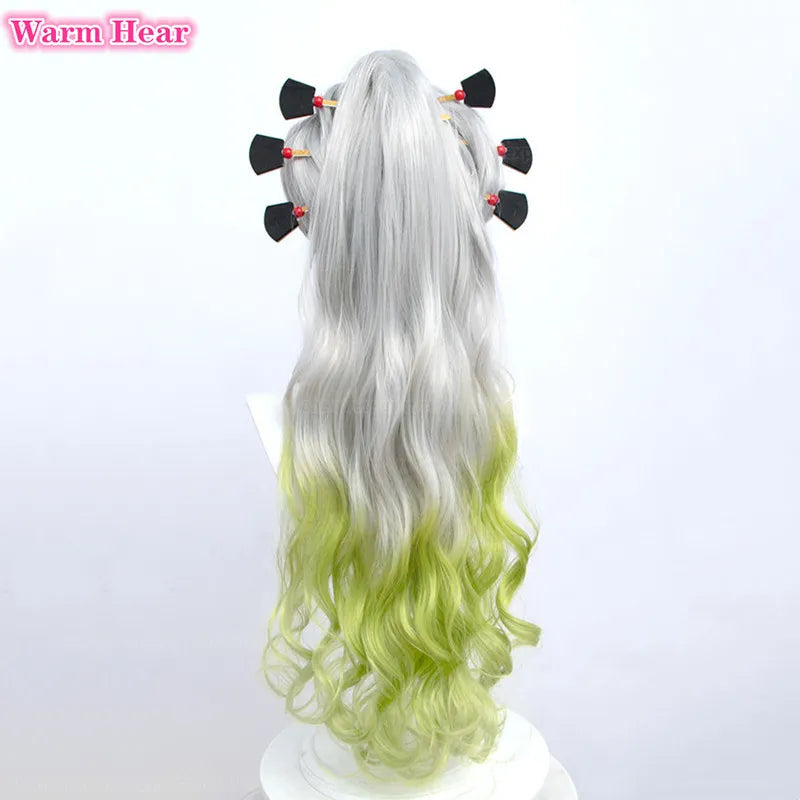 90cm Long Daki Cosplay Wig Silver Gradiented Green Curly With Headwear Heat Resistant Hair Wigs Halloween