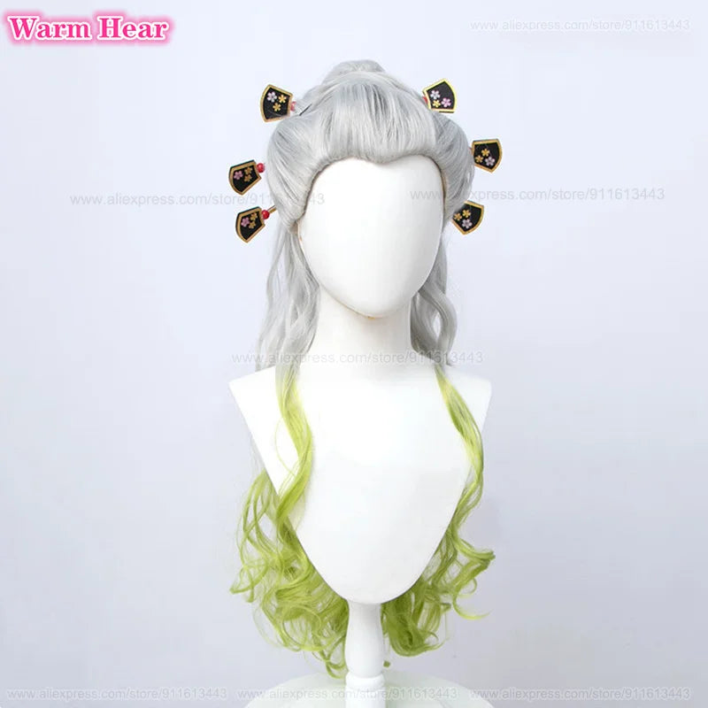 90cm Long Daki Cosplay Wig Silver Gradiented Green Curly With Headwear Heat Resistant Hair Wigs Halloween