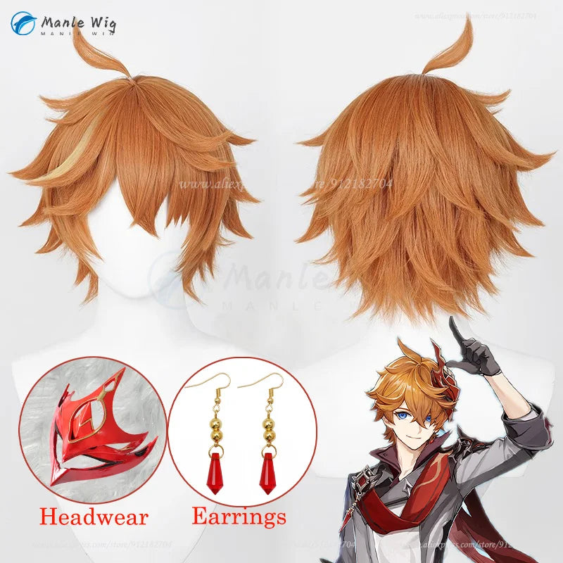 Tartaglia Genshin Wig Genshin Impact Tartaglia Cosplay Wig 30cm Scalp Orange Brown Costume Wigs Heat Resistant Synthetic Wigs