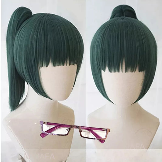 Maki Zenin Cosplay Wig Jujutsu Kaisen Cosplay High Quality 60cm Dark Green Heat Resistant Anime Cosplay Wigs + Wig Cap + Glasses